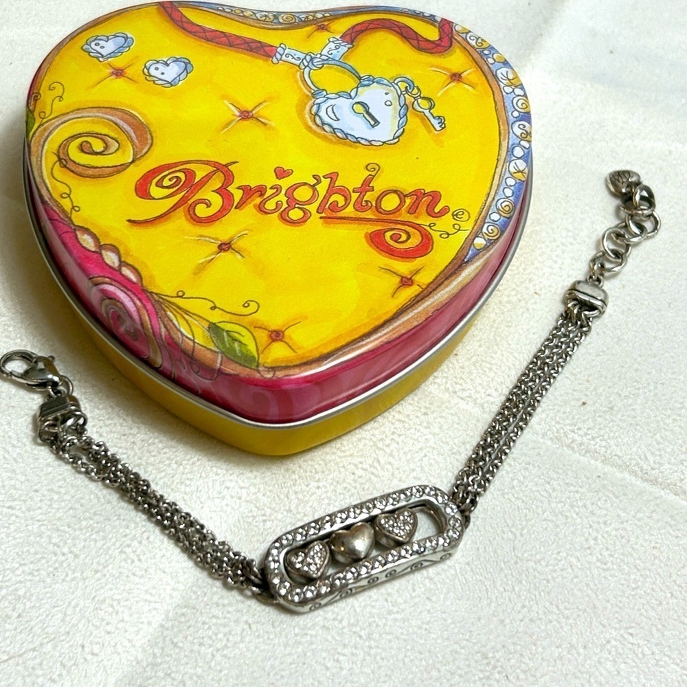 Brighton Kiss & Tell Bracelet 8" Silver Plated Crystals Triple Chain & Tin